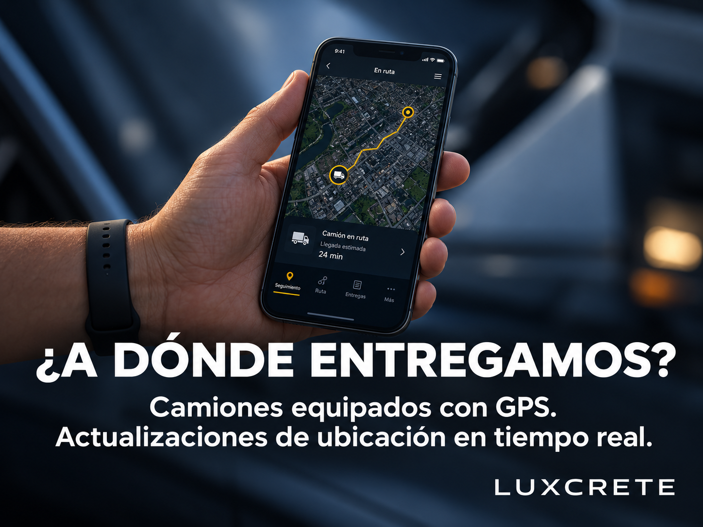 Las ollas revolvedoras de Luxcrete están equipadas con GPS y vinculadas a Google Maps y mensajería de WhatsApp para informes a clientes en tiempo real.